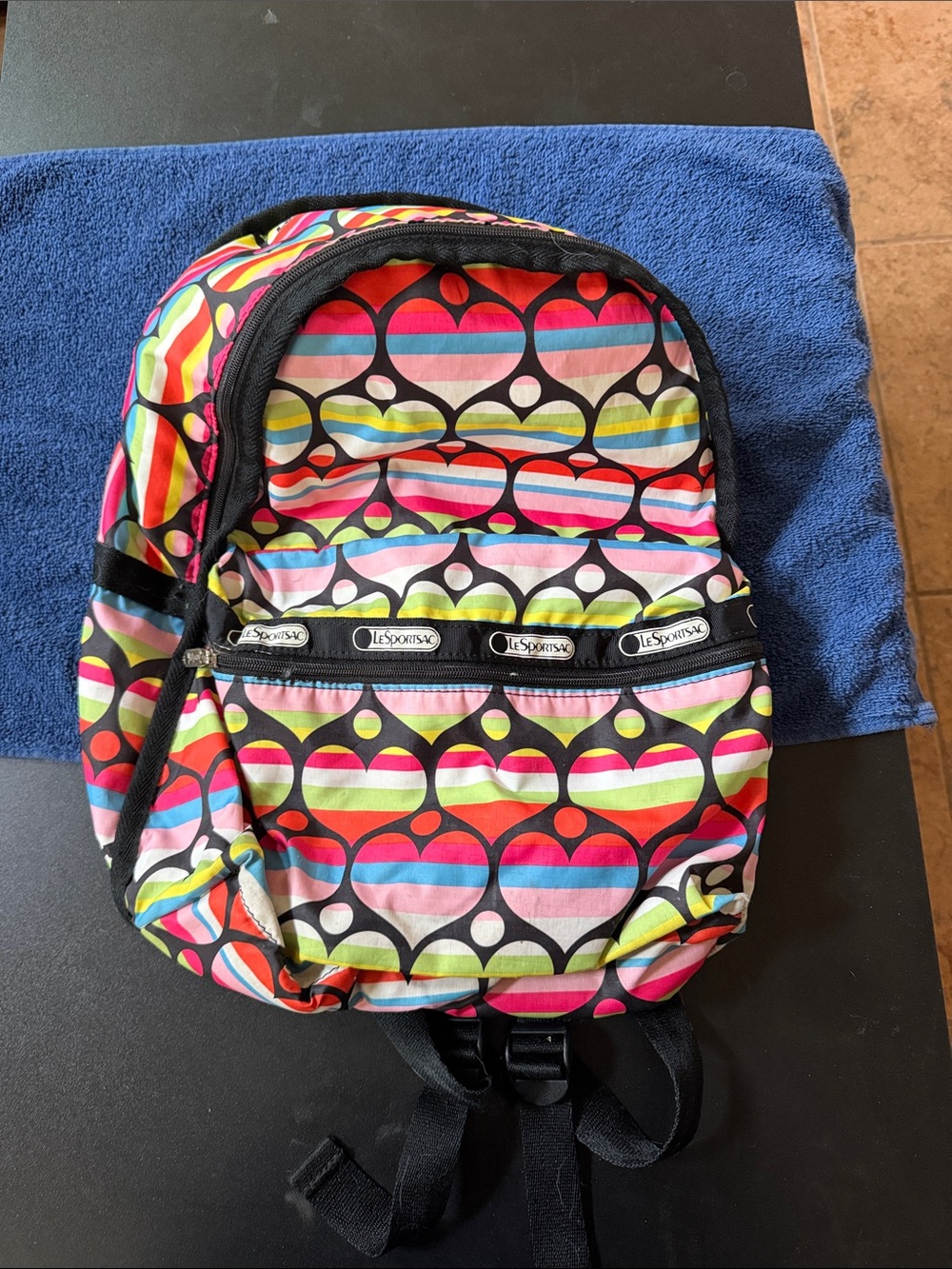LeSportsac Multicolor Heart Stripe Backpack with Black Trim